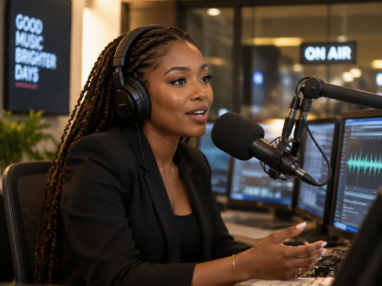 African radio presenter with headphones speaking into a broadcast microphone in a modern streaming studio