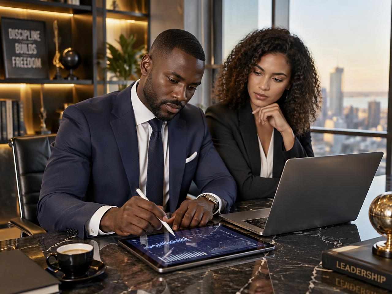 African finance executive and colleague analysing financial charts on a tablet and laptop