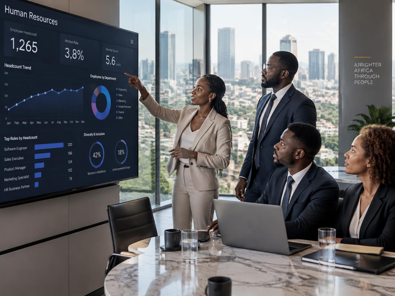 African HR team reviewing a people-analytics dashboard in a glass office overlooking a city skyline