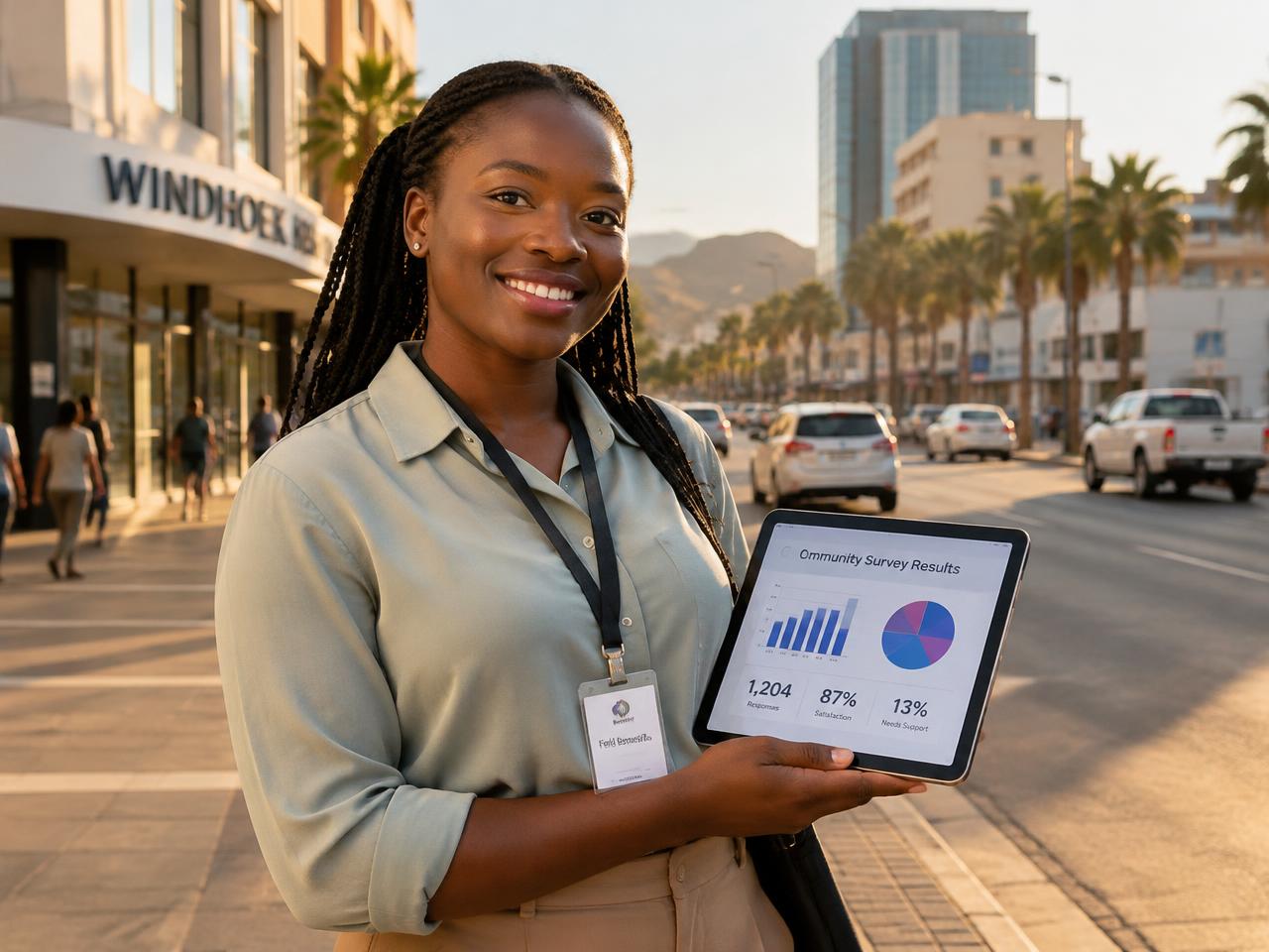 African field researcher holding a tablet with survey results on a sunlit Windhoek street